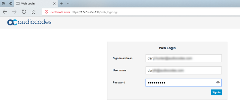 Authenticate using your Sign-In address (SIP URI) and your credentials and click Sign In.
